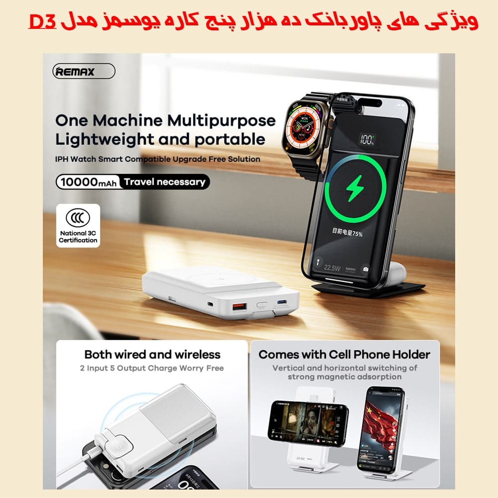 Remax RPP-D3 5-in-1 Portable Folding Stand Magnetic 15W Wireless Power Bank 10000mAh