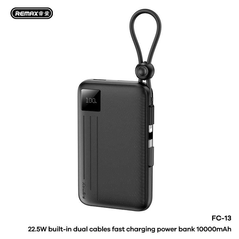 پاوربانک ریمکس مدل FC-13-22.5W ظرفیت 10000 میلی آمپر ساعت به همراه دو کابل متصل Type-C & Lightning