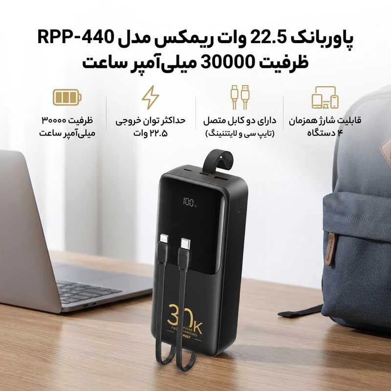پاوربانک ۳۰۰۰۰ میلیآمپر ریمکس مدل RPP-440 به همراه کابل USB-C و لایتنینگ 16 پاوربانک ۳۰۰۰۰ میلیآمپر ریمکس مدل RPP-440